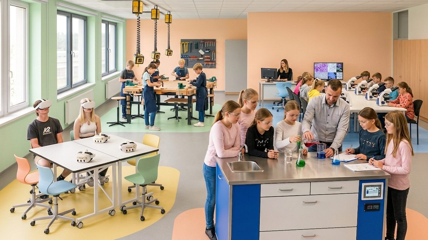 Dynamická třída po proměně – žáci pracují ve skupinách u mobilních stolů